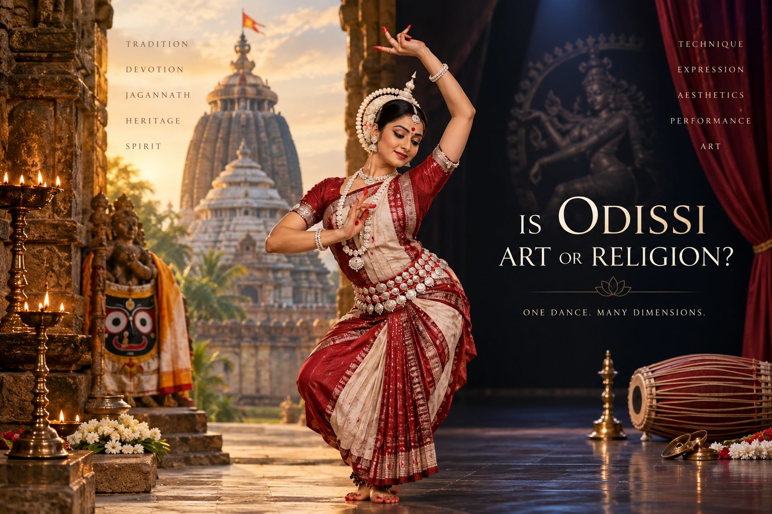 Odissi dancer between the Jagannath temple and a performance stage, with the title Is Odissi Art or Religion?
